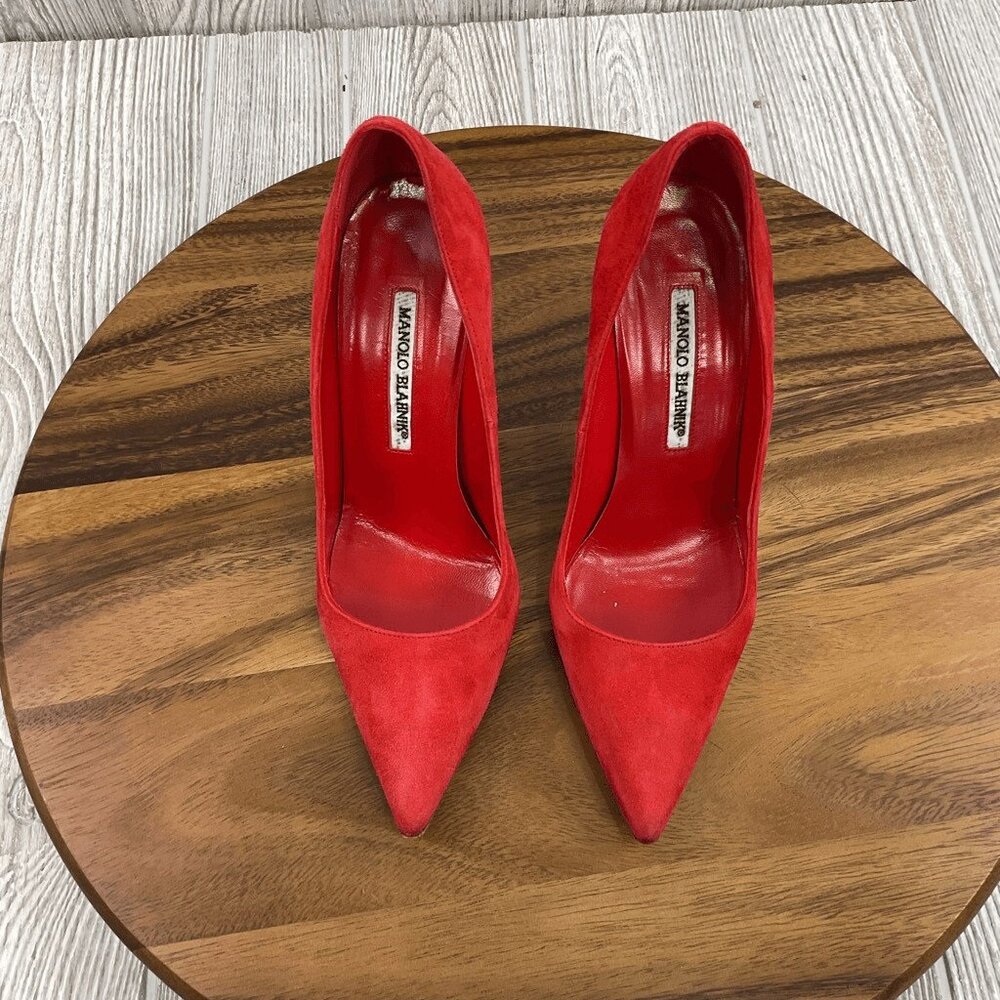 Manolo Blahnik BB 105 Red Suede Shoes Pumps Heels Pointed Toe
